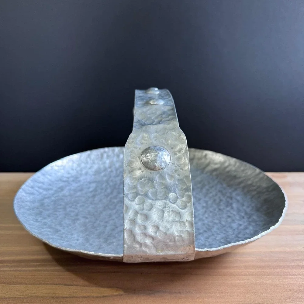 Brutalist Industrial vintage hammered ALUMINUM tray with riveted handle LIGHT